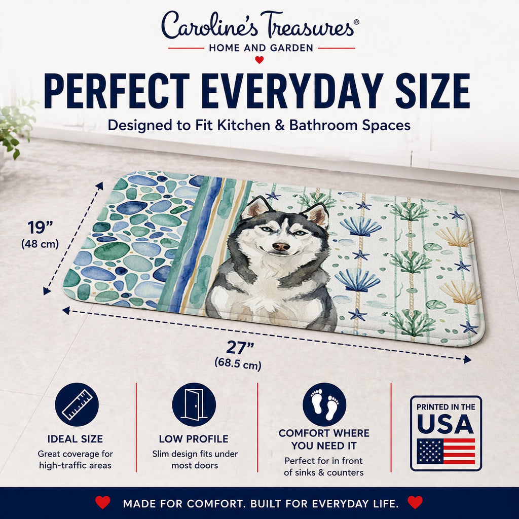Siberian Husky Coastal Sea Glass Memory Foam Kitchen Mat Machine Washable Anti-Fatigue Cushion Comfort Bath or Kitchen Rug