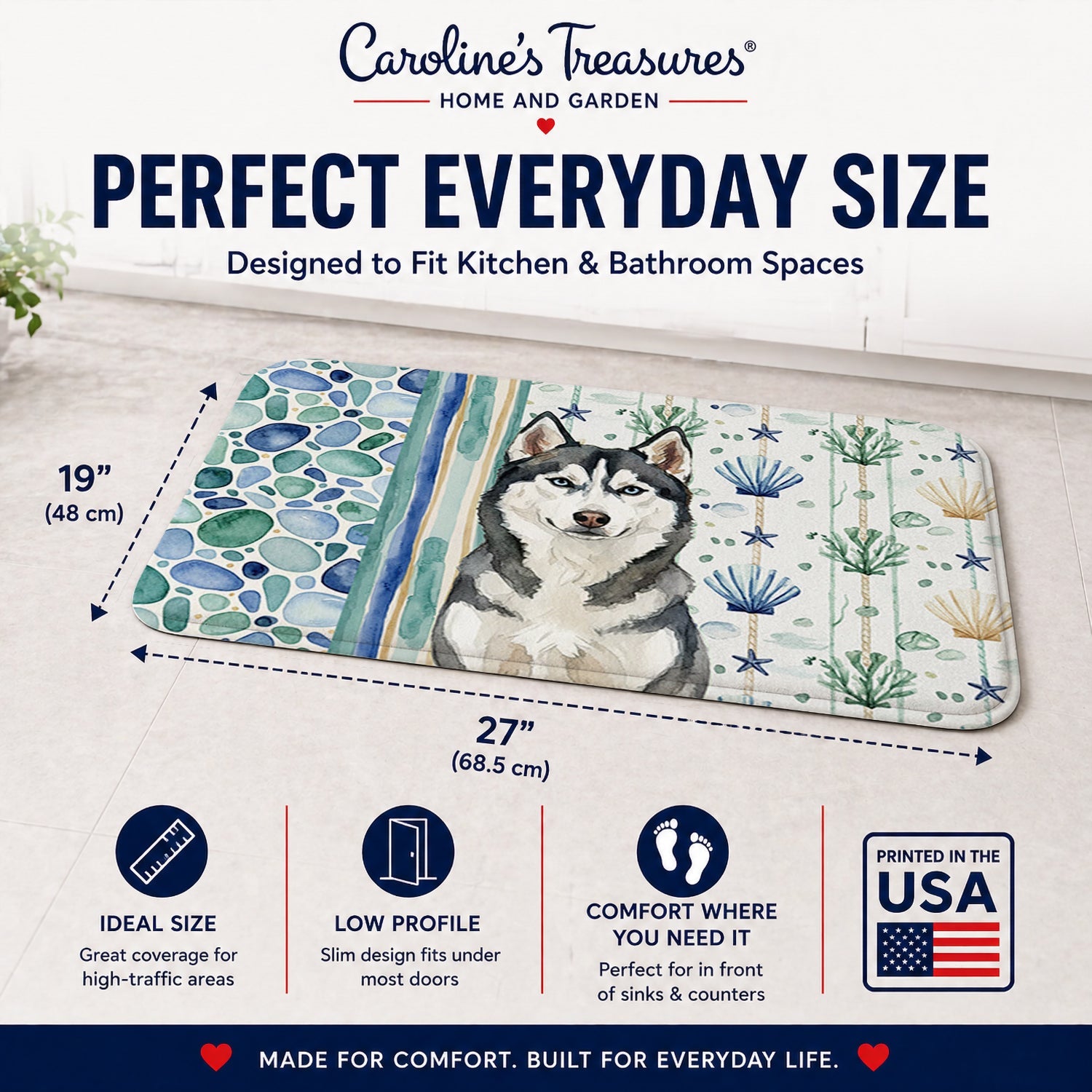 Siberian Husky Coastal Sea Glass Memory Foam Kitchen Mat Machine Washable Anti-Fatigue Cushion Comfort Bath or Kitchen Rug