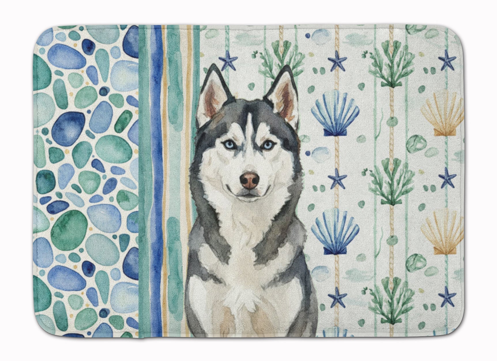 Siberian Husky Coastal Sea Glass Memory Foam Kitchen Mat Machine Washable Anti-Fatigue Cushion Comfort Bath or Kitchen Rug