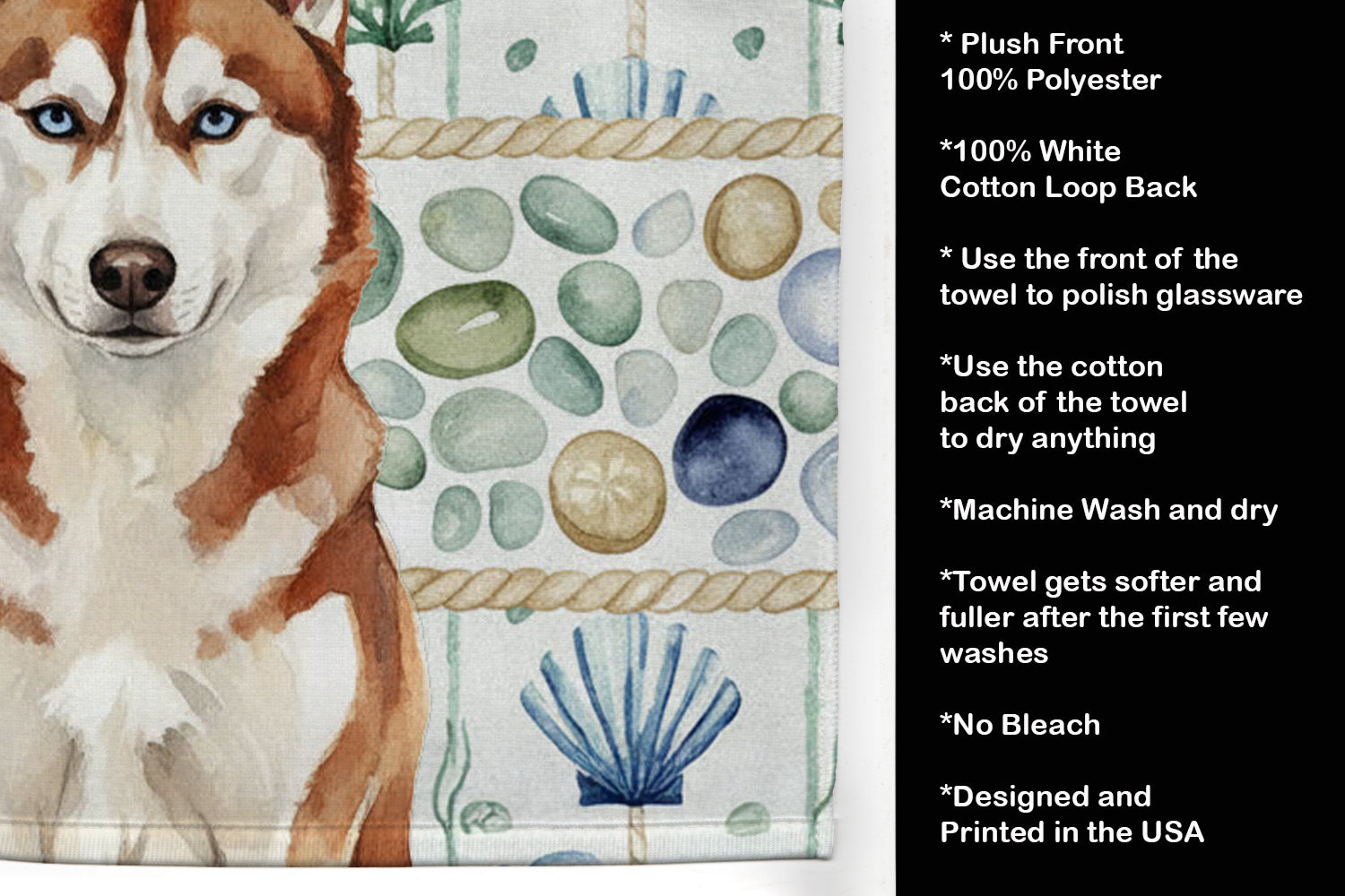 Red and White Siberian Husky Coastal Sea Glass Kitchen Towel Velour Plush Front and Cotton Loop Back Machine Washable