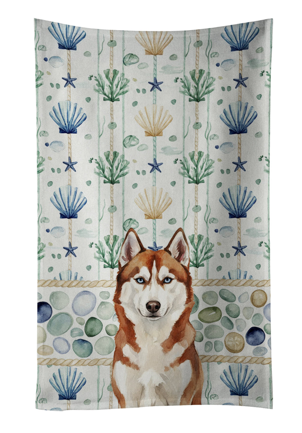 Red and White Siberian Husky Coastal Sea Glass Kitchen Towel Velour Plush Front and Cotton Loop Back Machine Washable