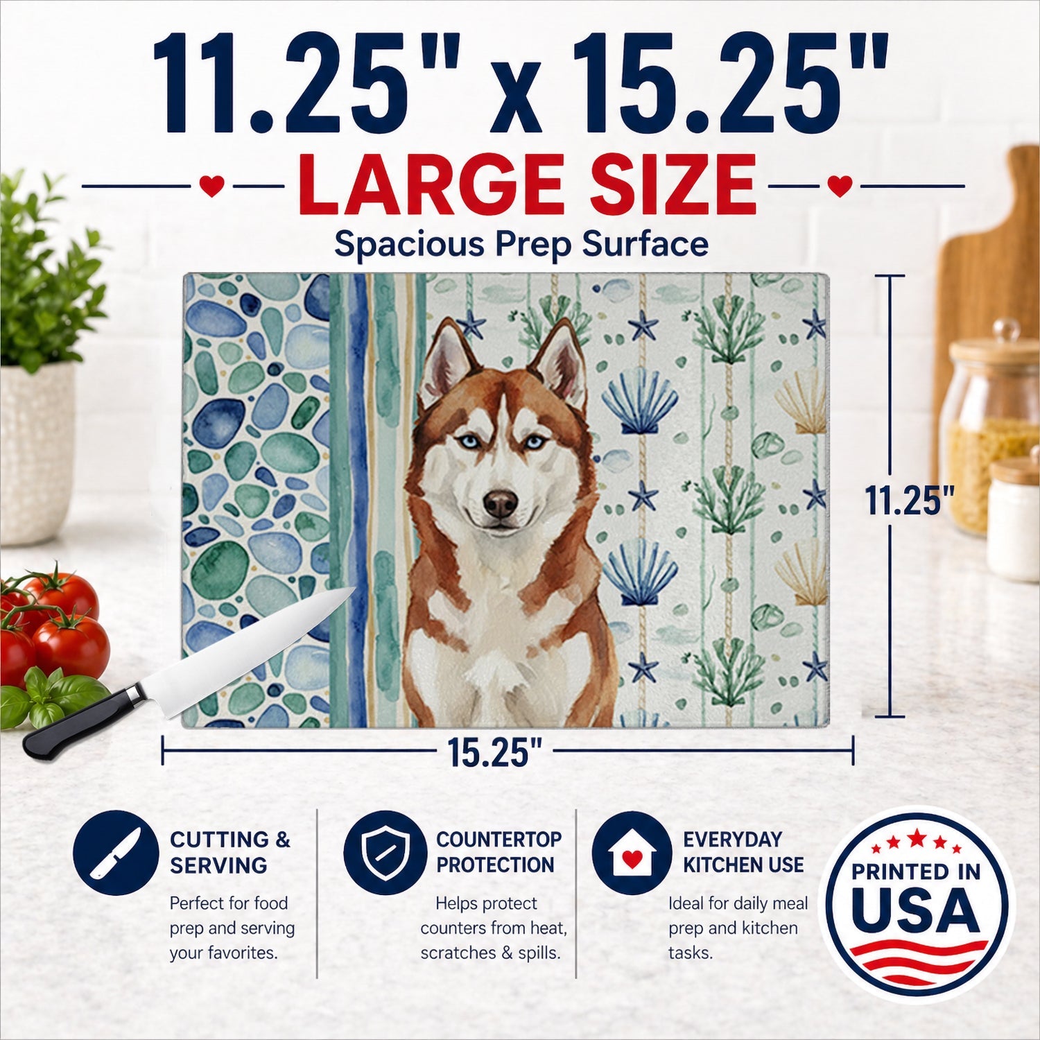 Red and White Siberian Husky Coastal Sea Glass Cutting Board Tempered Glass Kitchen Cutting Surface, Heat Resistant Chopping, Non-Slip Feet, Food Prep & Serving