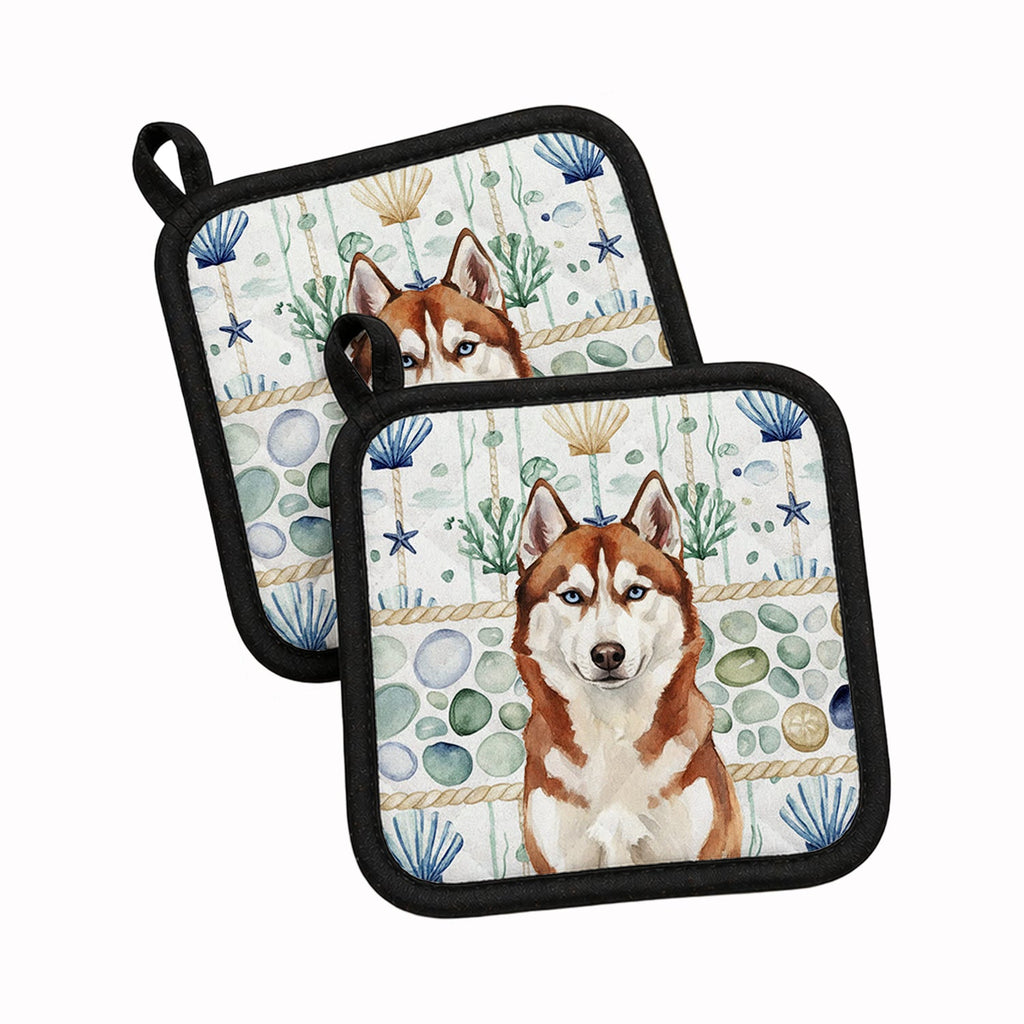 Red and White Siberian Husky Coastal Sea Glass Pot Holder Set of 2 Heat Resistant Quilted Hot Pads 7.5 x 7.5 Inch, Insulated Kitchen Trivets for Cooking & Baking