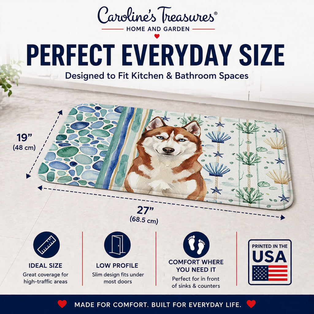 Red and White Siberian Husky Coastal Sea Glass Memory Foam Kitchen Mat Machine Washable Anti-Fatigue Cushion Comfort Bath or Kitchen Rug