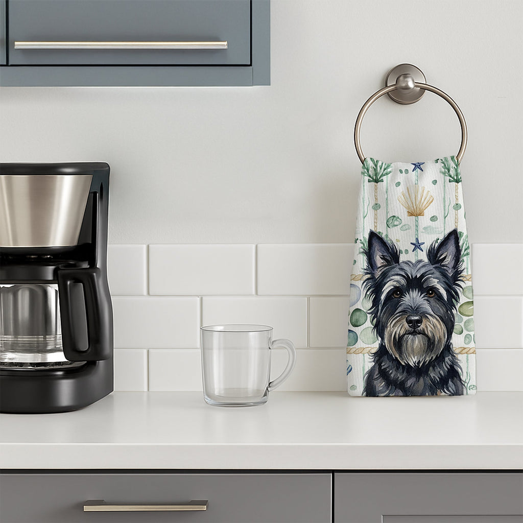 Black Skye Terrier Coastal Sea Glass Kitchen Towel Velour Plush Front and Cotton Loop Back Machine Washable