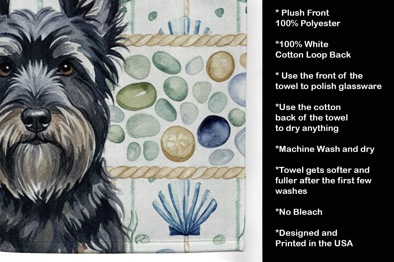 Black Skye Terrier Coastal Sea Glass Kitchen Towel Velour Plush Front and Cotton Loop Back Machine Washable