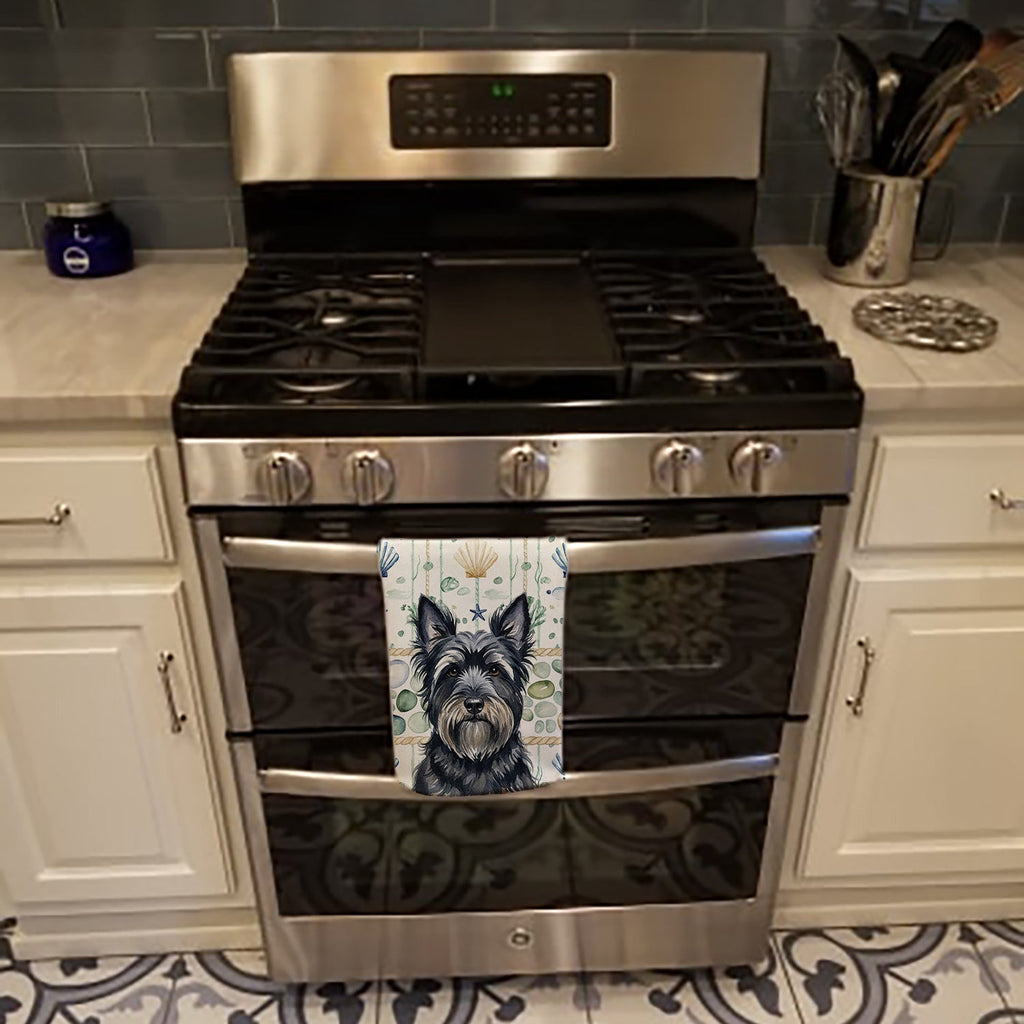Black Skye Terrier Coastal Sea Glass Kitchen Towel Velour Plush Front and Cotton Loop Back Machine Washable