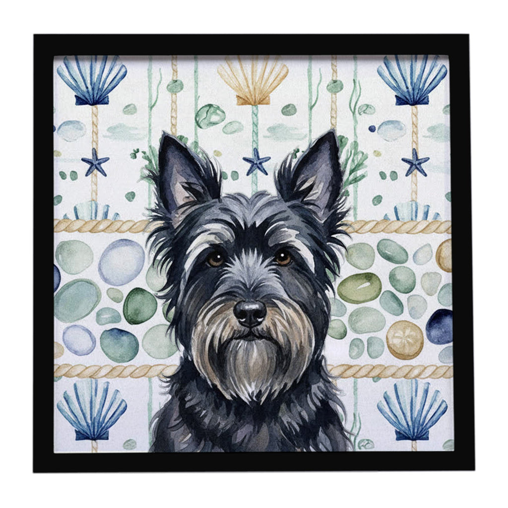 Black Skye Terrier Coastal Sea Glass Framed Metal Print Bathroom, Kitchen, Office, Home Decor Wall Art Ready to Hang, Square, 8X8