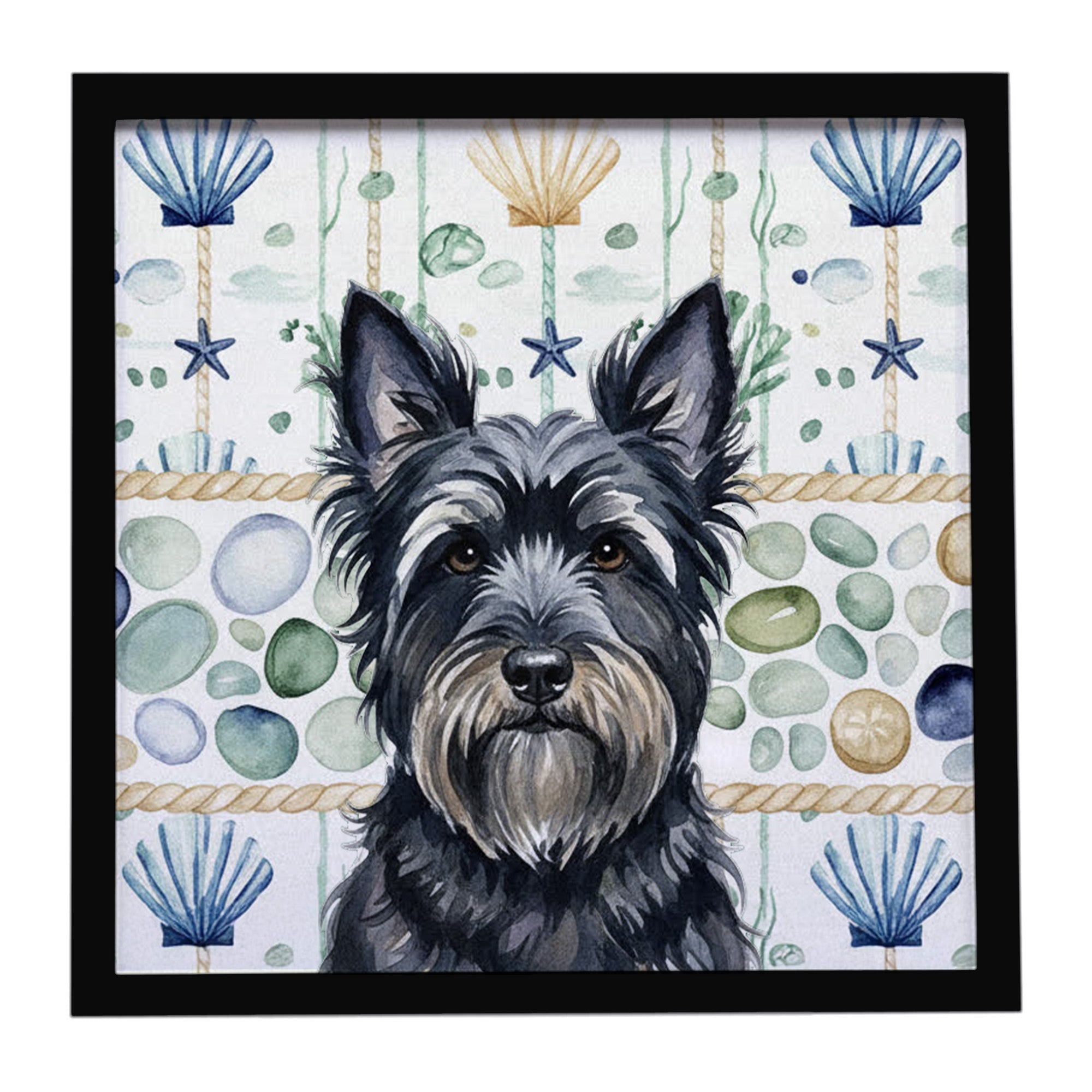 Black Skye Terrier Coastal Sea Glass Framed Metal Print Bathroom, Kitchen, Office, Home Decor Wall Art Ready to Hang, Square, 8X8