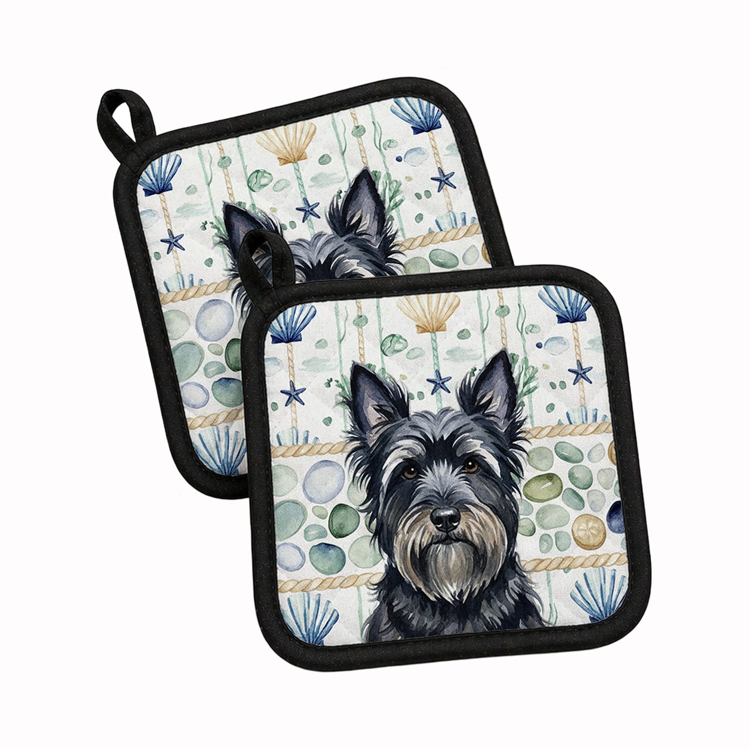 Black Skye Terrier Coastal Sea Glass Pot Holder Set of 2 Heat Resistant Quilted Hot Pads 7.5 x 7.5 Inch, Insulated Kitchen Trivets for Cooking & Baking