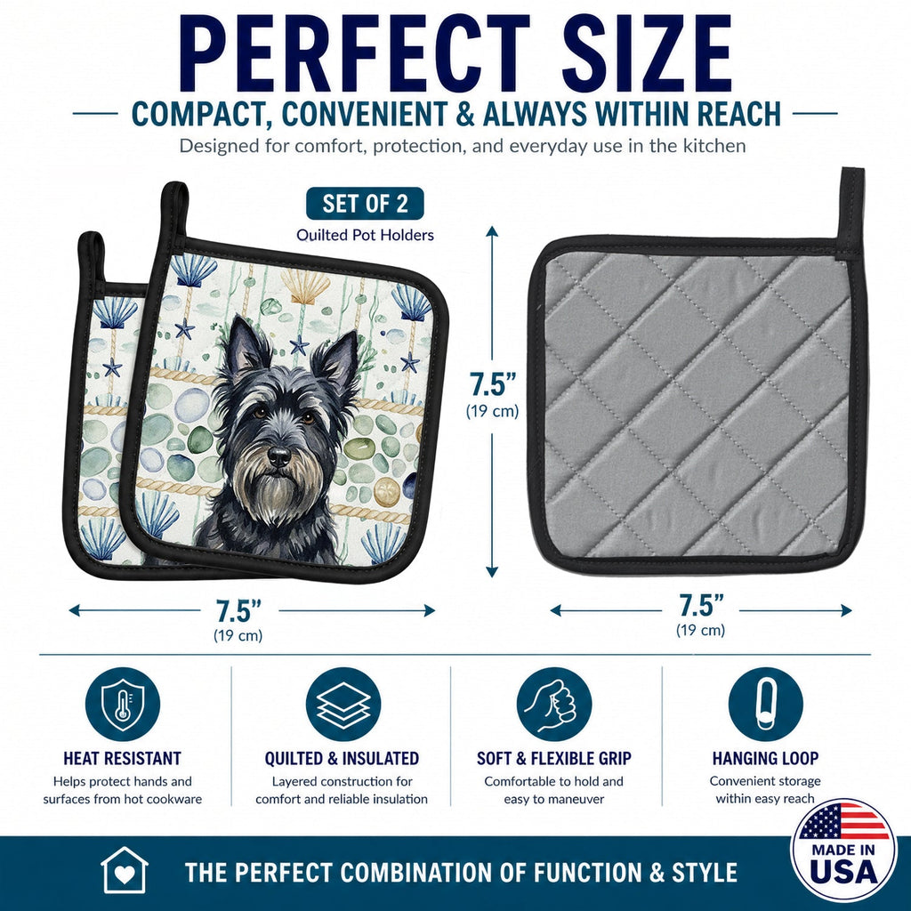 Black Skye Terrier Coastal Sea Glass Pot Holder Set of 2 Heat Resistant Quilted Hot Pads 7.5 x 7.5 Inch, Insulated Kitchen Trivets for Cooking & Baking