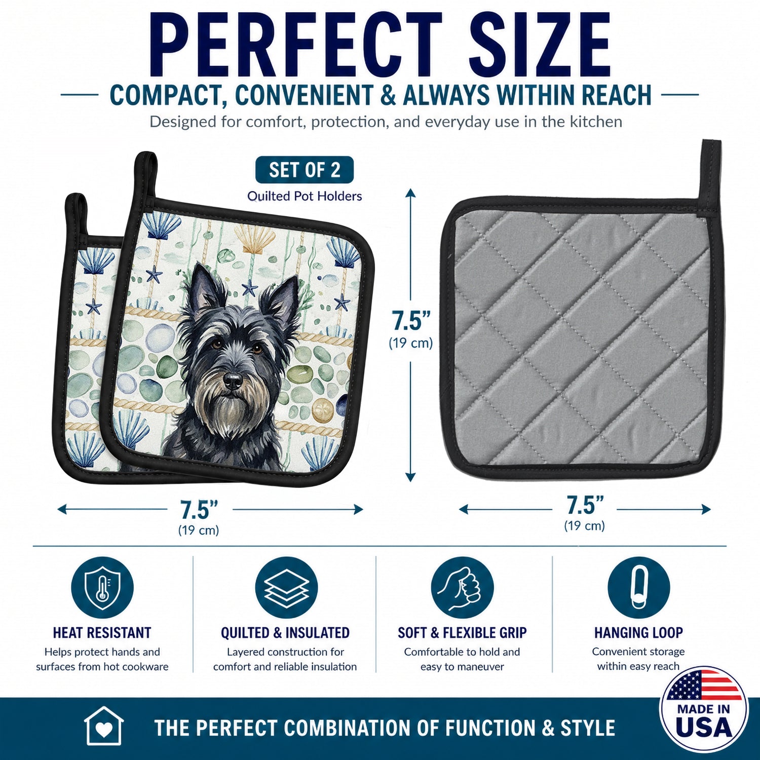 Black Skye Terrier Coastal Sea Glass Pot Holder Set of 2 Heat Resistant Quilted Hot Pads 7.5 x 7.5 Inch, Insulated Kitchen Trivets for Cooking & Baking