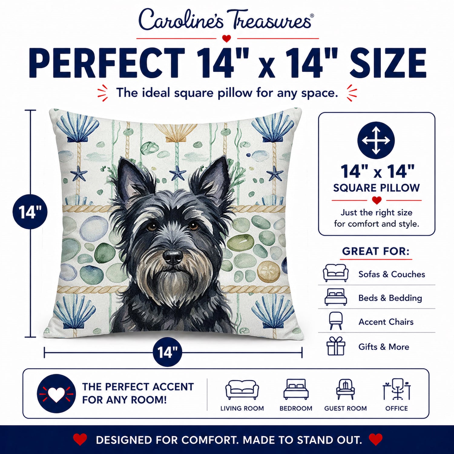 Black Skye Terrier Coastal Sea Glass Decorative Throw Pillow 14x14 Indoor Outdoor Accent Cushion, Fabric Cover with Insert for Sofa, Bed, Porch & Living Room