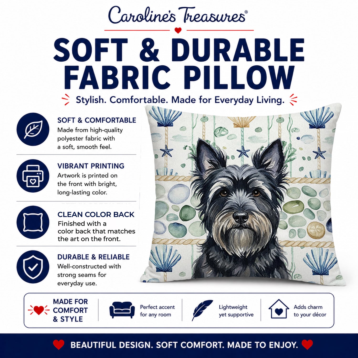 Black Skye Terrier Coastal Sea Glass Decorative Throw Pillow 18x18 Indoor Outdoor Accent Cushion, Fabric Cover with Insert for Sofa, Bed, Porch & Living Room