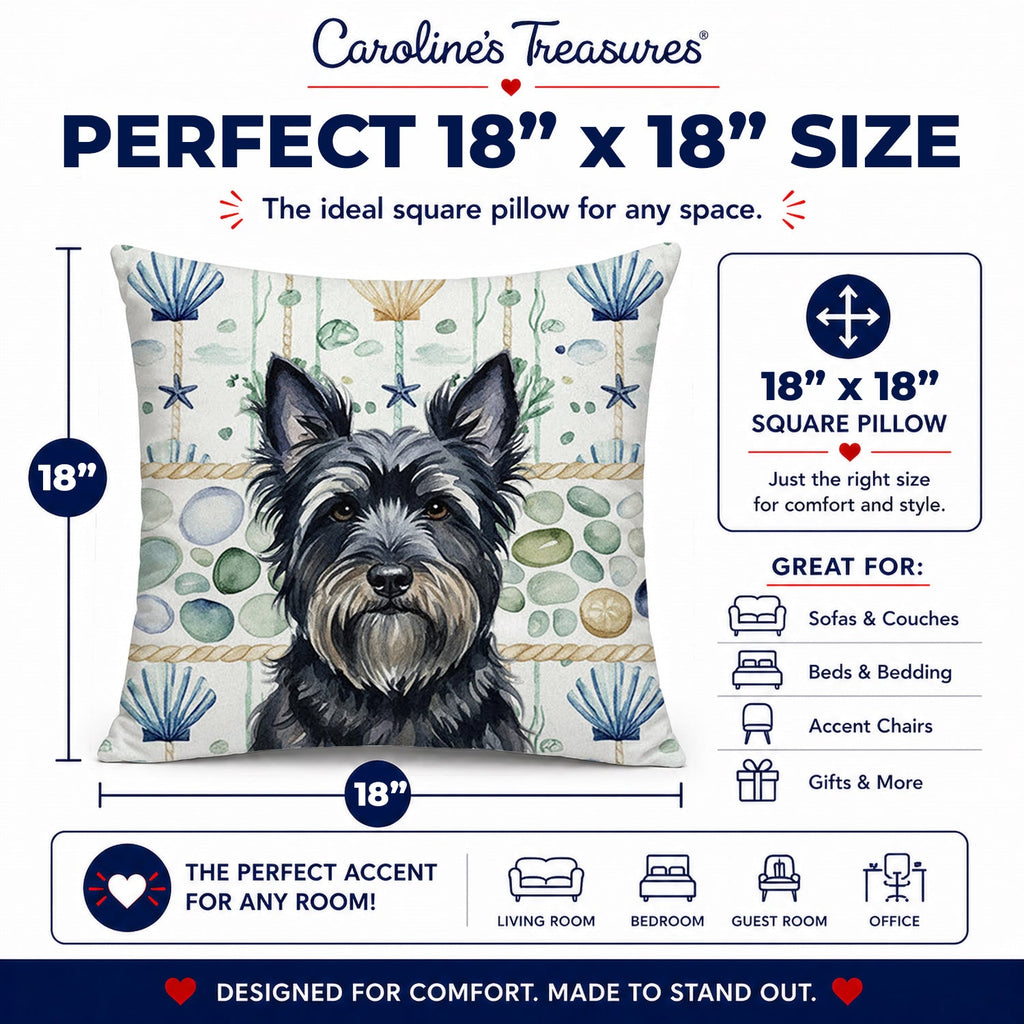 Black Skye Terrier Coastal Sea Glass Decorative Throw Pillow 18x18 Indoor Outdoor Accent Cushion, Fabric Cover with Insert for Sofa, Bed, Porch & Living Room