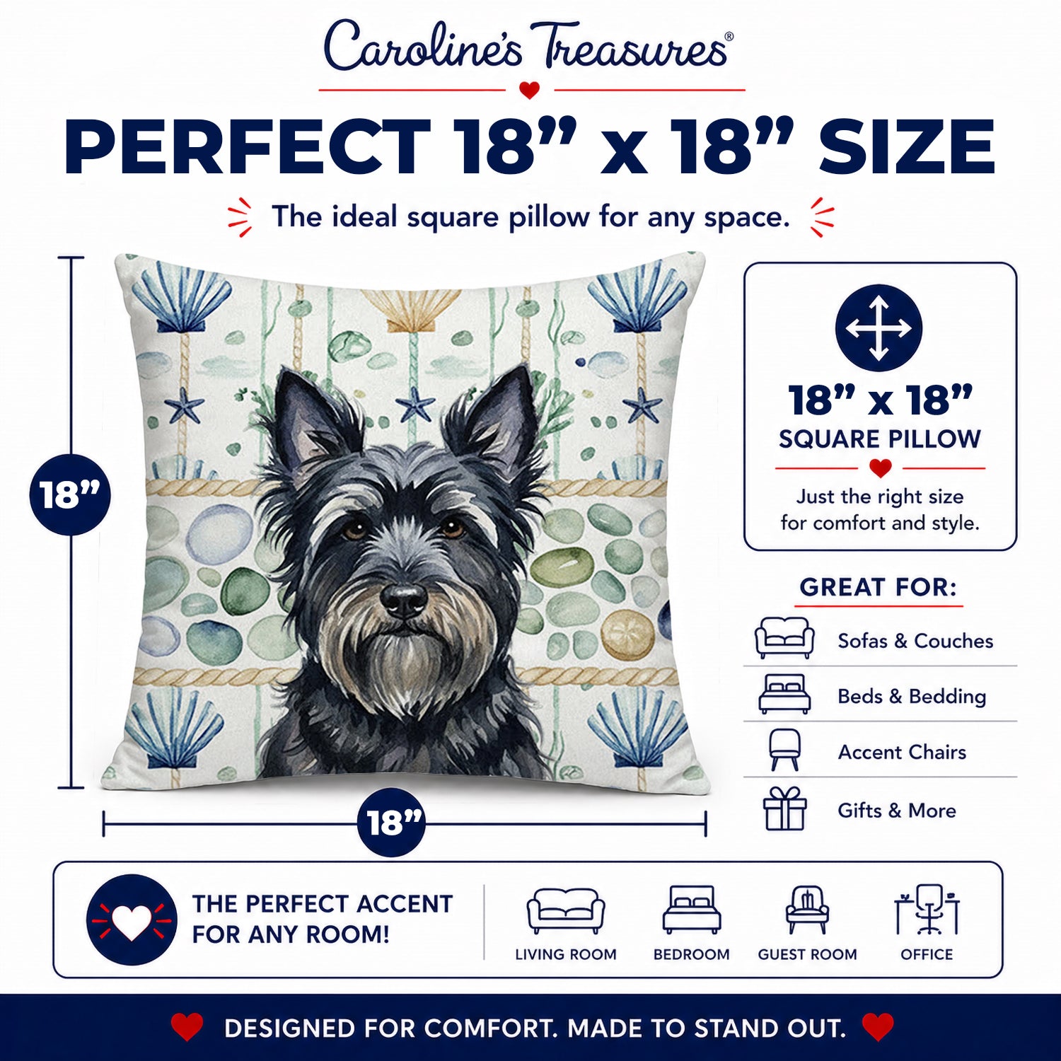 Black Skye Terrier Coastal Sea Glass Decorative Throw Pillow 18x18 Indoor Outdoor Accent Cushion, Fabric Cover with Insert for Sofa, Bed, Porch & Living Room