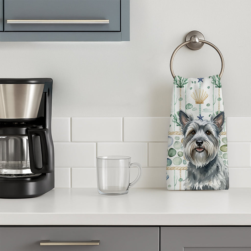 Gray Skye Terrier Coastal Sea Glass Kitchen Towel Velour Plush Front and Cotton Loop Back Machine Washable