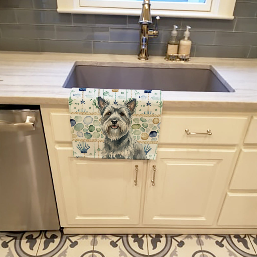 Gray Skye Terrier Coastal Sea Glass Kitchen Towel Velour Plush Front and Cotton Loop Back Machine Washable