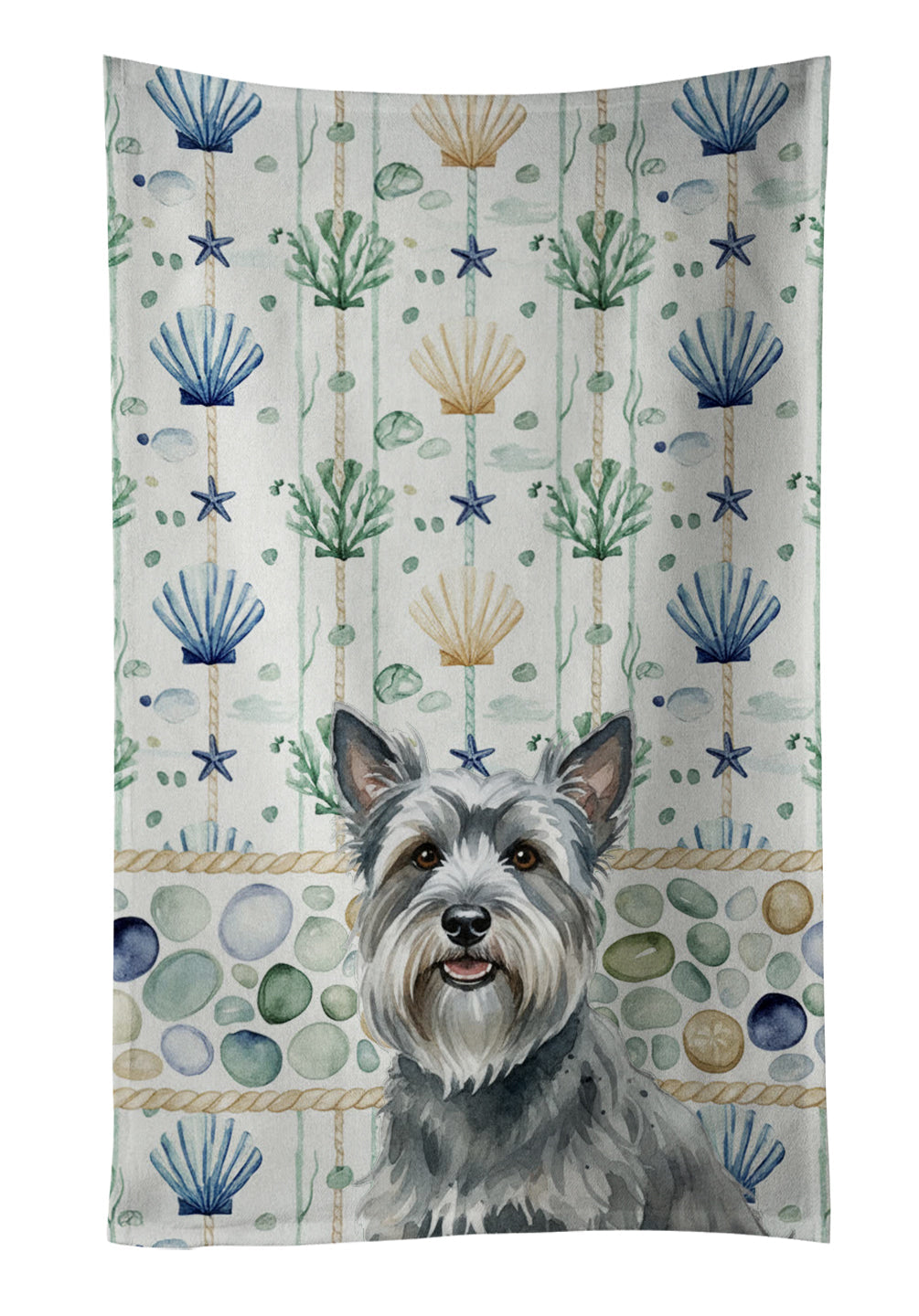 Gray Skye Terrier Coastal Sea Glass Kitchen Towel Velour Plush Front and Cotton Loop Back Machine Washable