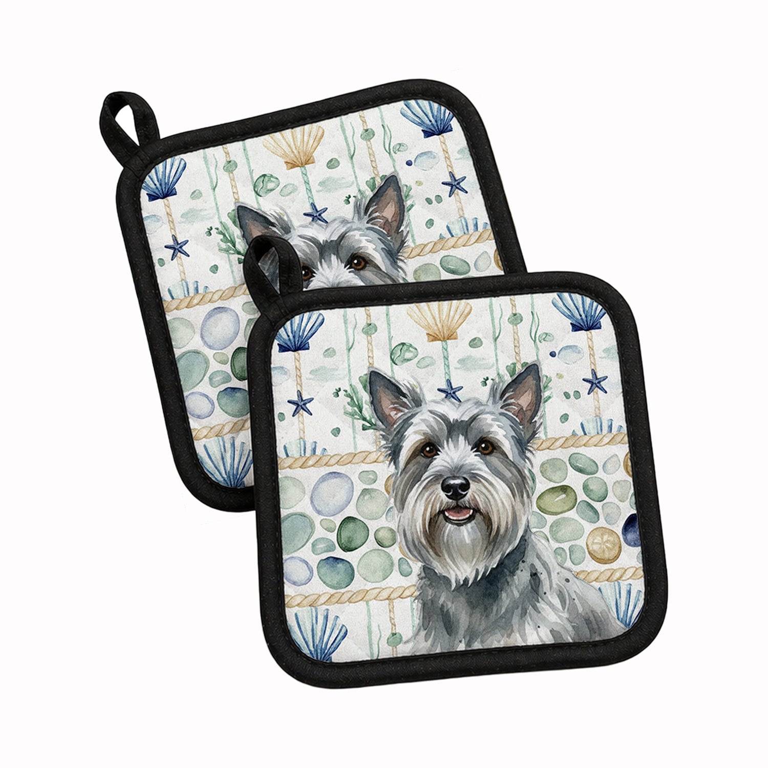 Gray Skye Terrier Coastal Sea Glass Pot Holder Set of 2 Heat Resistant Quilted Hot Pads 7.5 x 7.5 Inch, Insulated Kitchen Trivets for Cooking & Baking