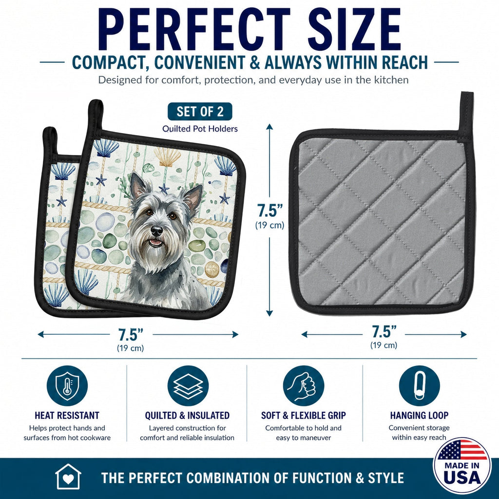 Gray Skye Terrier Coastal Sea Glass Pot Holder Set of 2 Heat Resistant Quilted Hot Pads 7.5 x 7.5 Inch, Insulated Kitchen Trivets for Cooking & Baking
