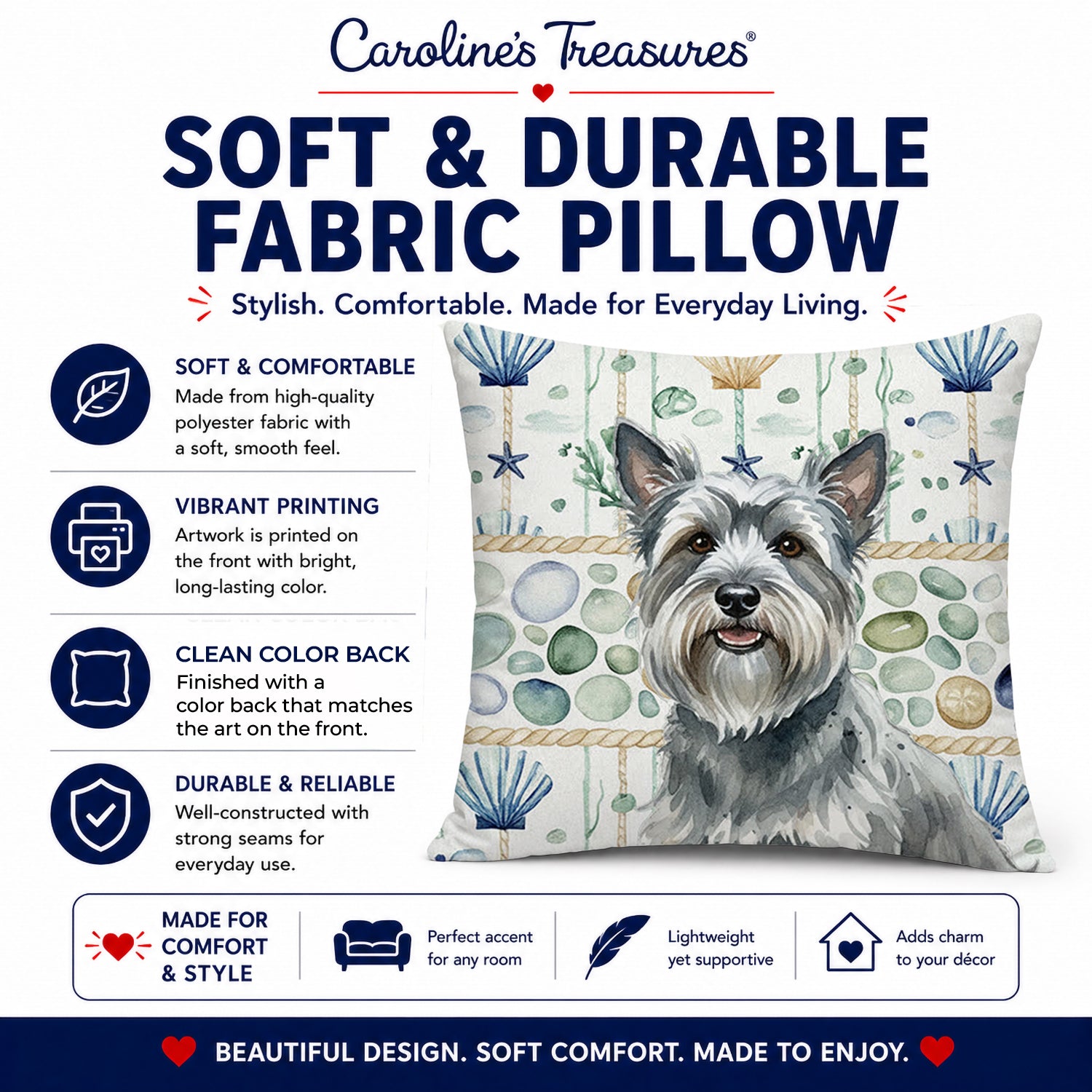 Gray Skye Terrier Coastal Sea Glass Decorative Throw Pillow 18x18 Indoor Outdoor Accent Cushion, Fabric Cover with Insert for Sofa, Bed, Porch & Living Room