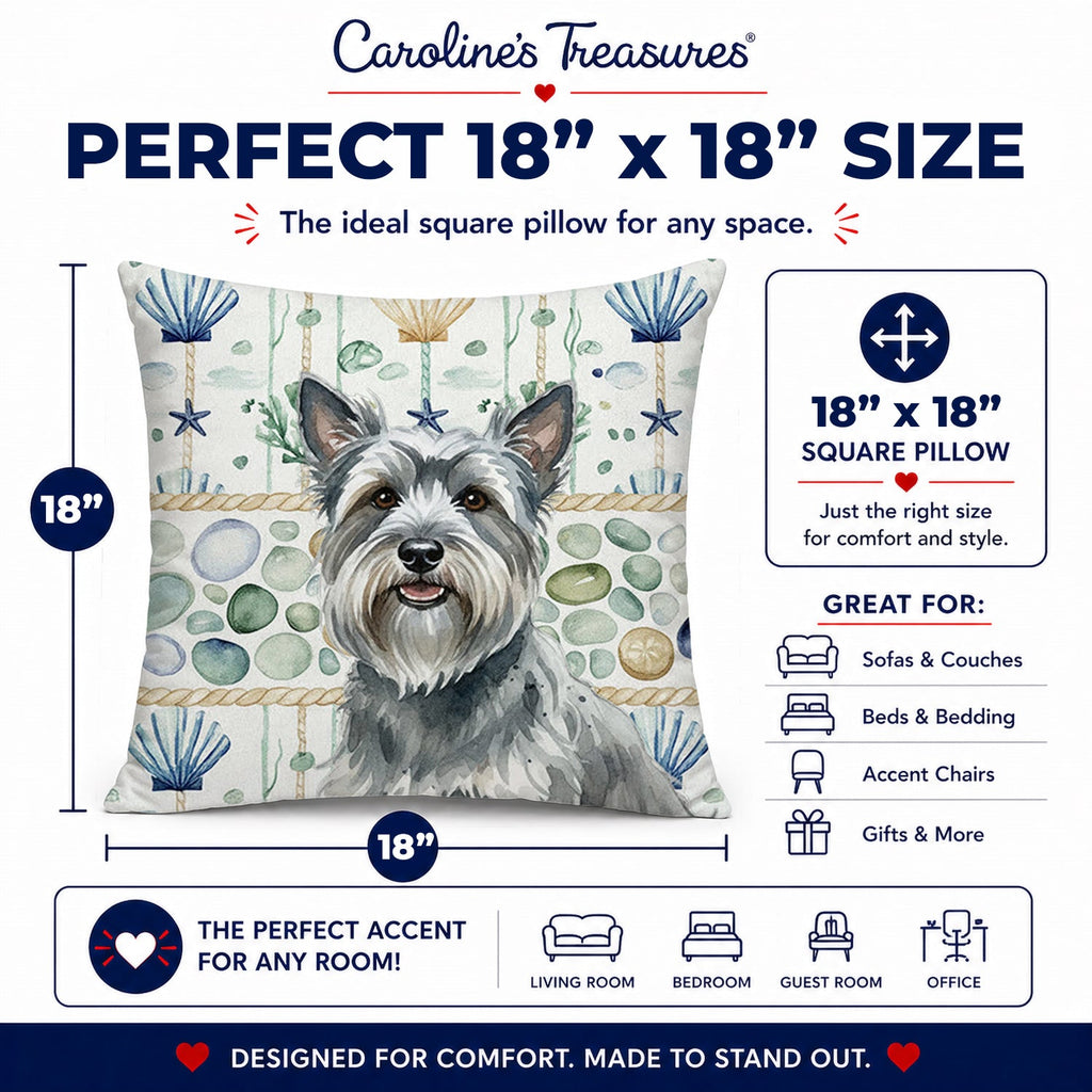 Gray Skye Terrier Coastal Sea Glass Decorative Throw Pillow 18x18 Indoor Outdoor Accent Cushion, Fabric Cover with Insert for Sofa, Bed, Porch & Living Room