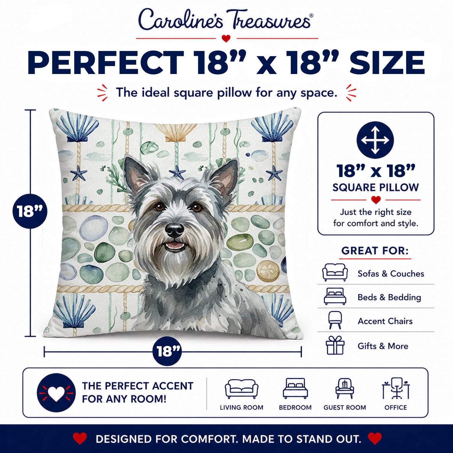 Gray Skye Terrier Coastal Sea Glass Decorative Throw Pillow 18x18 Indoor Outdoor Accent Cushion, Fabric Cover with Insert for Sofa, Bed, Porch & Living Room