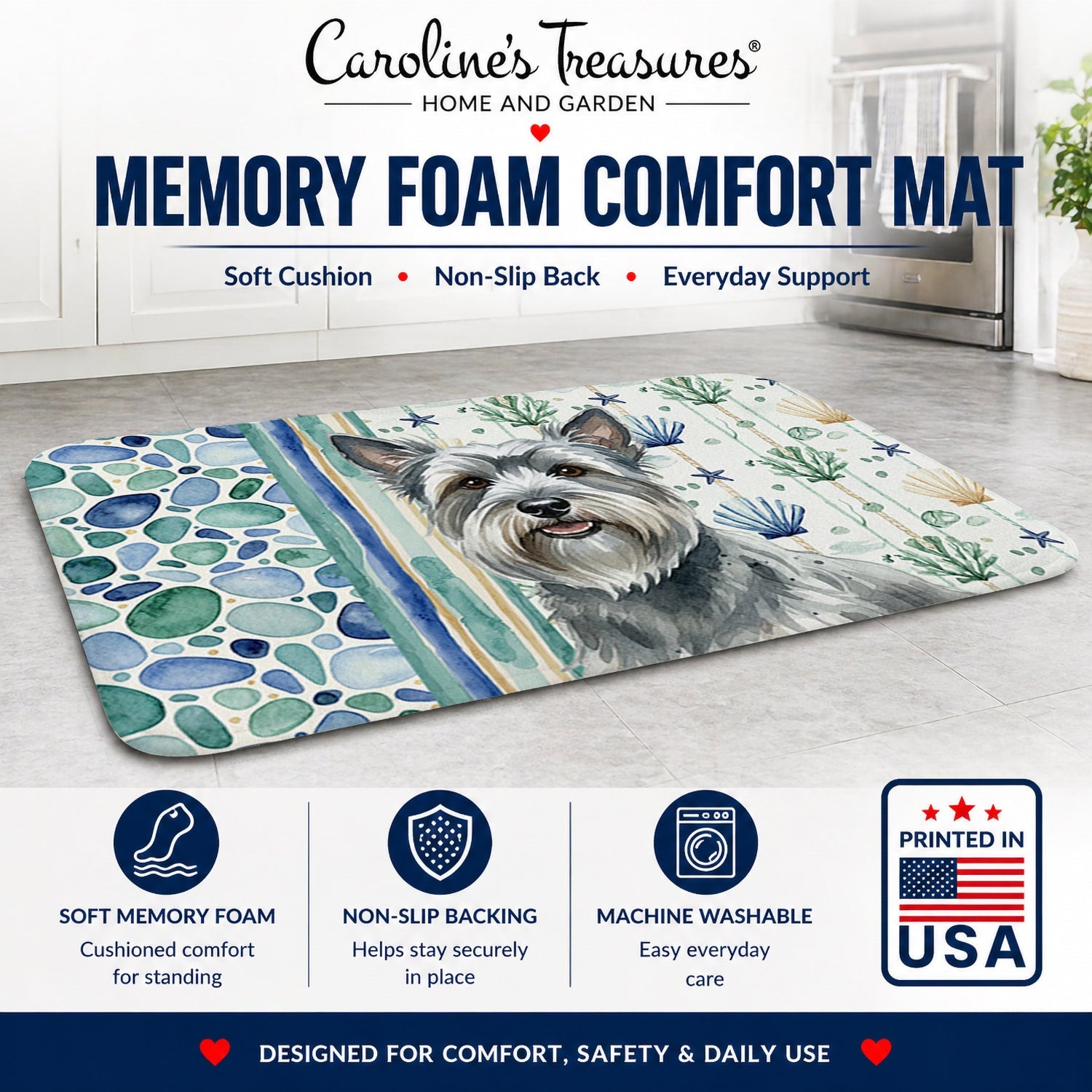 Gray Skye Terrier Coastal Sea Glass Memory Foam Kitchen Mat Machine Washable Anti-Fatigue Cushion Comfort Bath or Kitchen Rug