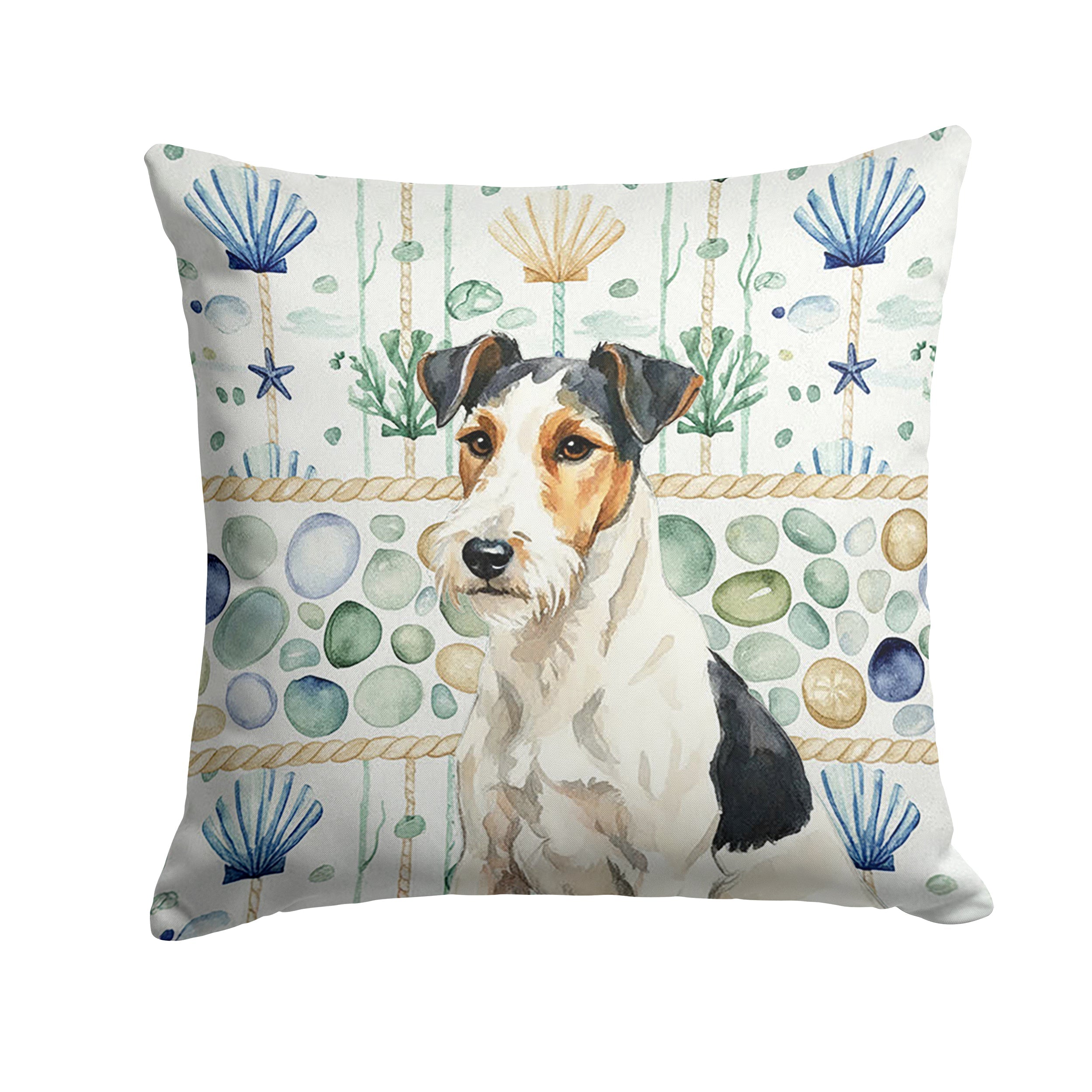 Smooth Fox Terrier Coastal Sea Glass Decorative Throw Pillow 14x14 Indoor Outdoor Accent Cushion, Fabric Cover with Insert for Sofa, Bed, Porch & Living Room