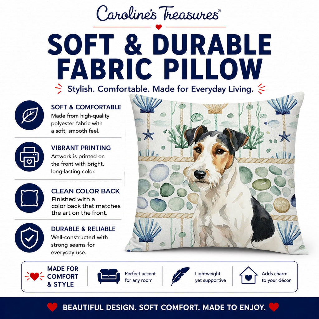 Smooth Fox Terrier Coastal Sea Glass Decorative Throw Pillow 18x18 Indoor Outdoor Accent Cushion, Fabric Cover with Insert for Sofa, Bed, Porch & Living Room