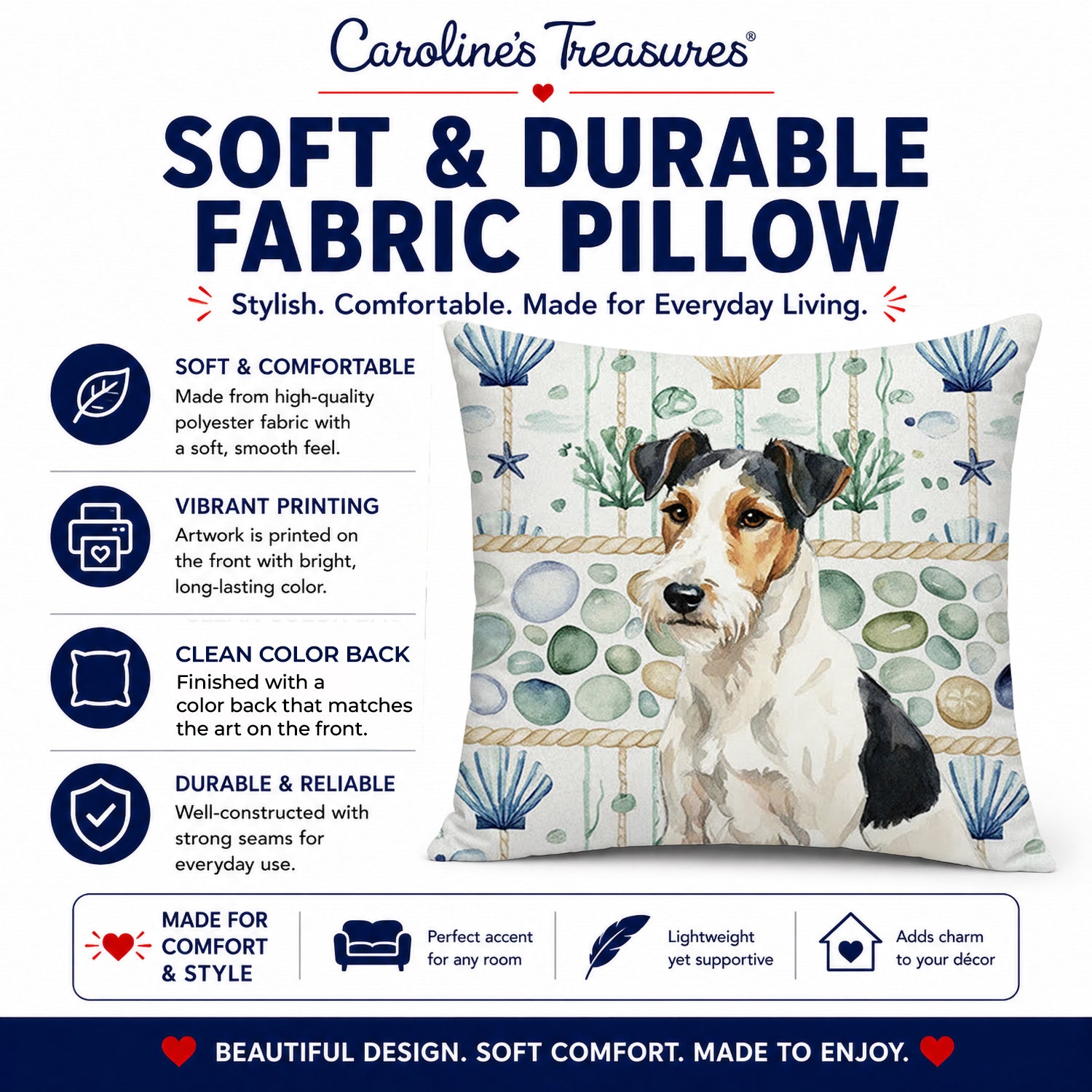 Smooth Fox Terrier Coastal Sea Glass Decorative Throw Pillow 18x18 Indoor Outdoor Accent Cushion, Fabric Cover with Insert for Sofa, Bed, Porch & Living Room