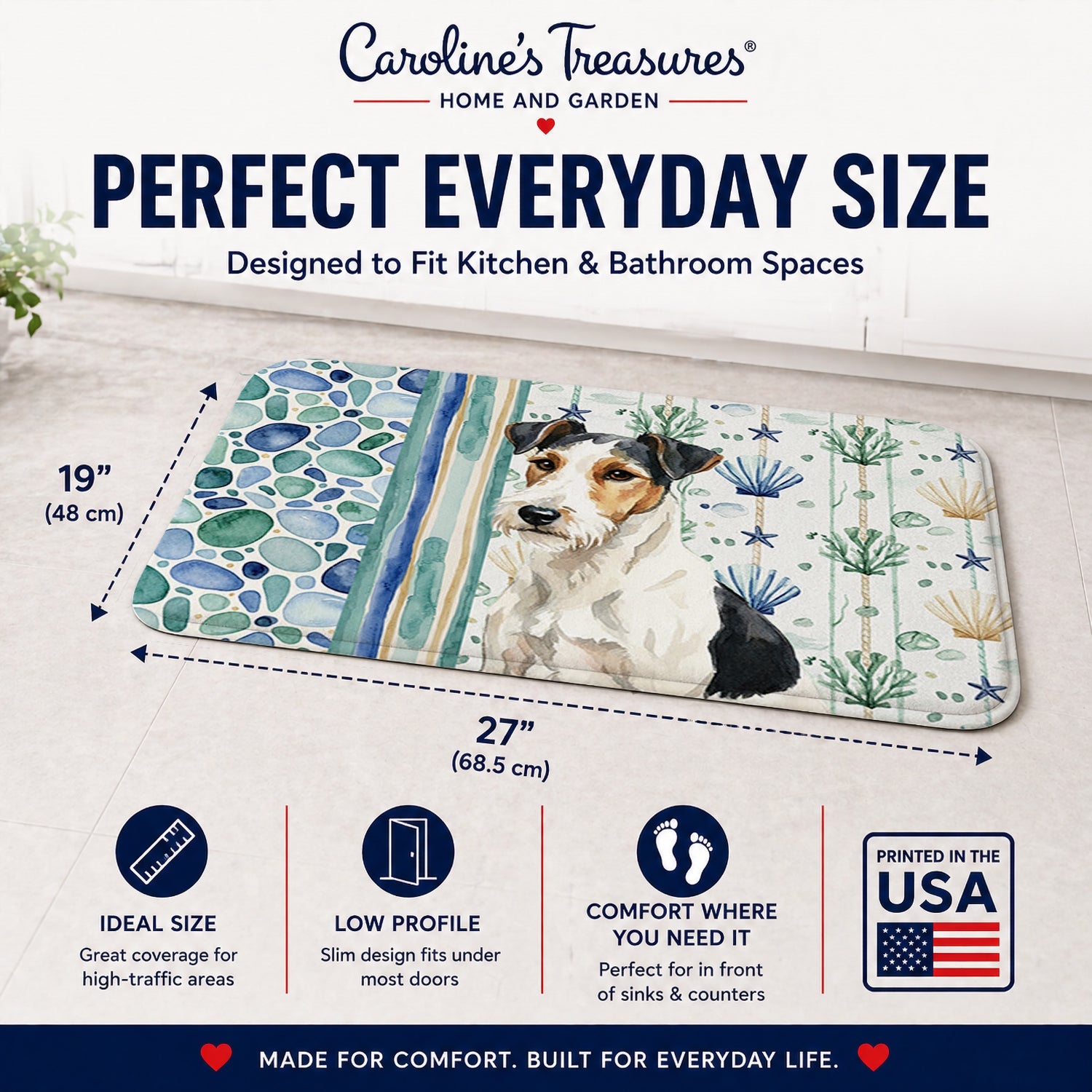 Smooth Fox Terrier Coastal Sea Glass Memory Foam Kitchen Mat Machine Washable Anti-Fatigue Cushion Comfort Bath or Kitchen Rug