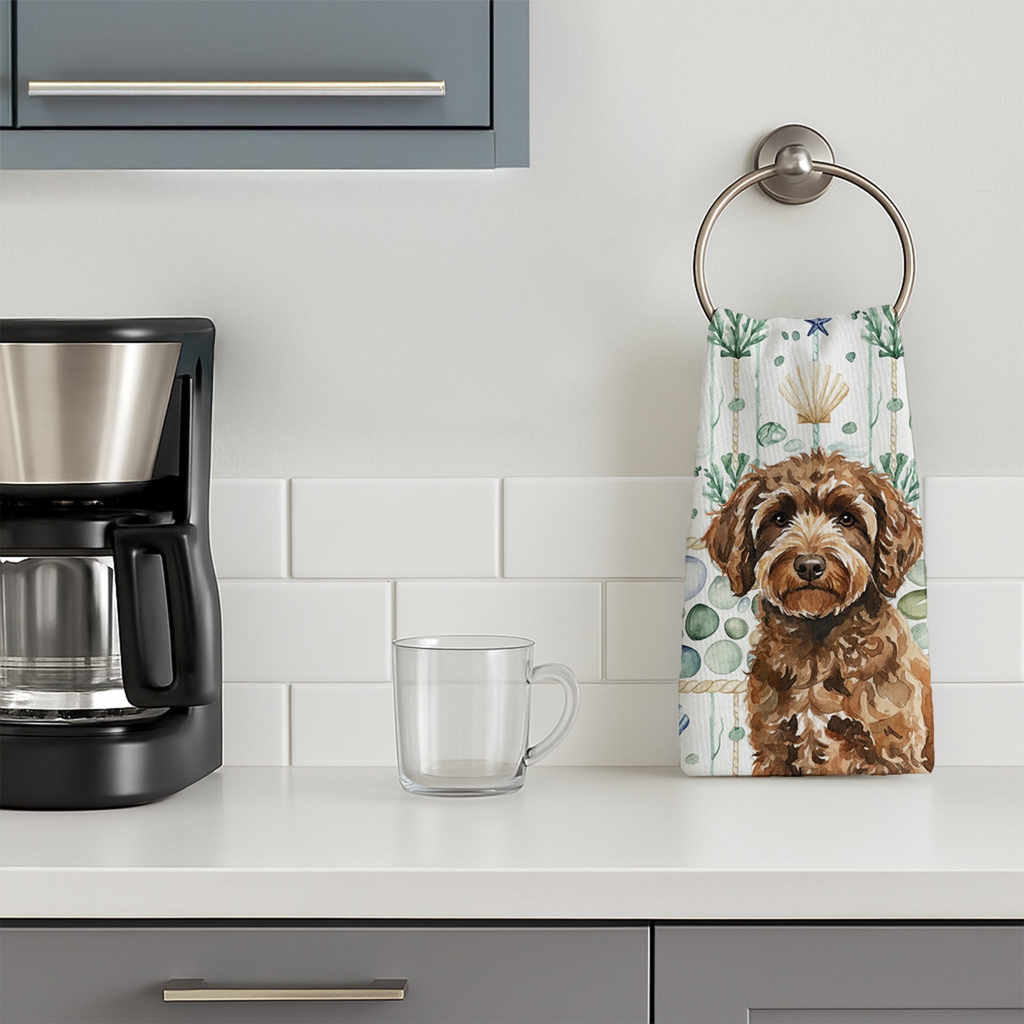Spanish Water Dog Coastal Sea Glass Kitchen Towel Velour Plush Front and Cotton Loop Back Machine Washable
