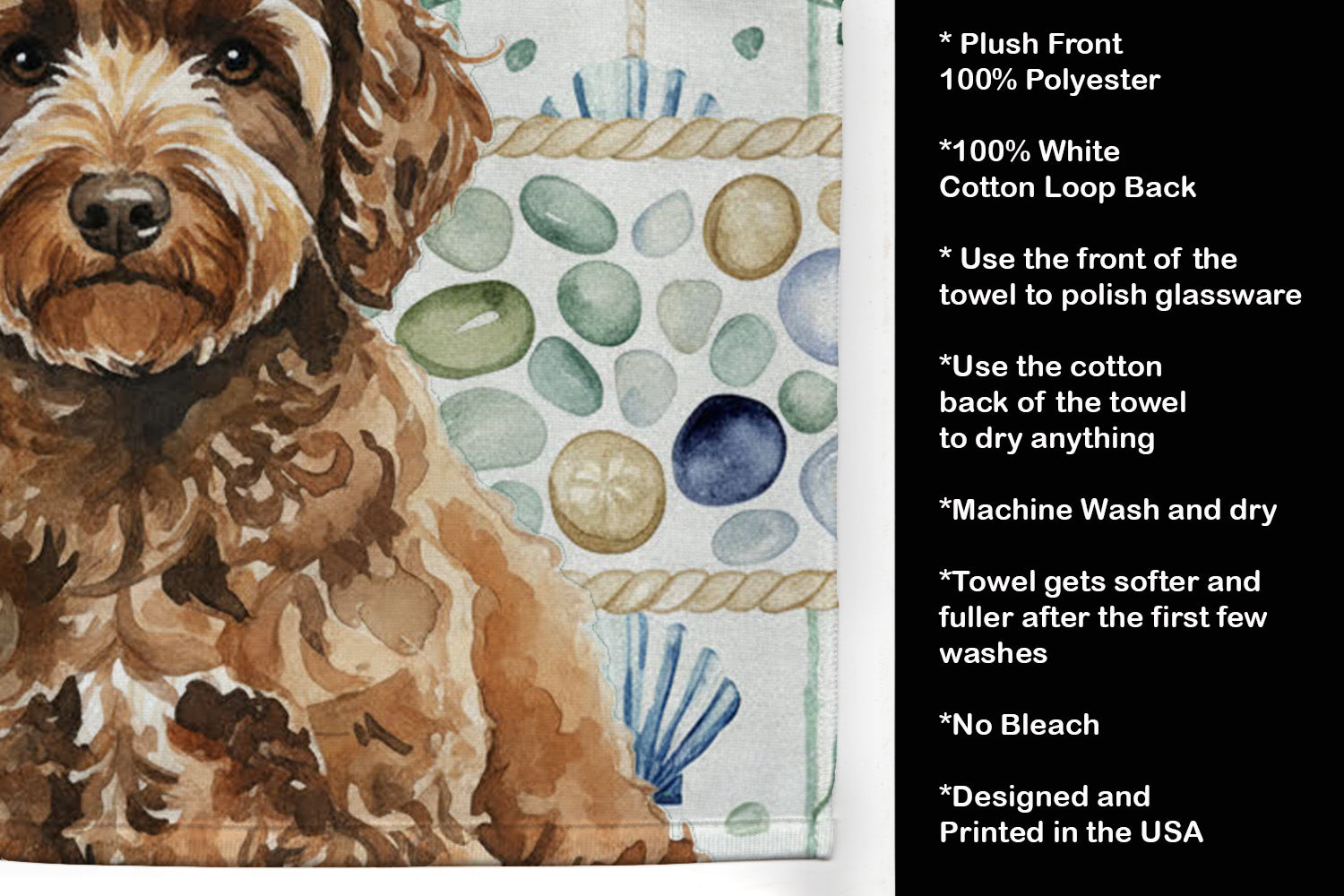 Spanish Water Dog Coastal Sea Glass Kitchen Towel Velour Plush Front and Cotton Loop Back Machine Washable