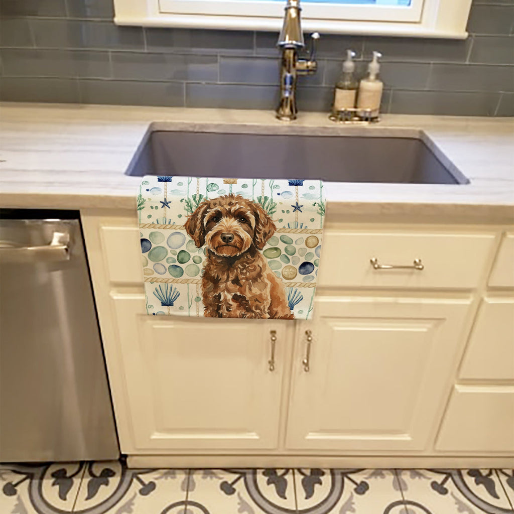 Spanish Water Dog Coastal Sea Glass Kitchen Towel Velour Plush Front and Cotton Loop Back Machine Washable