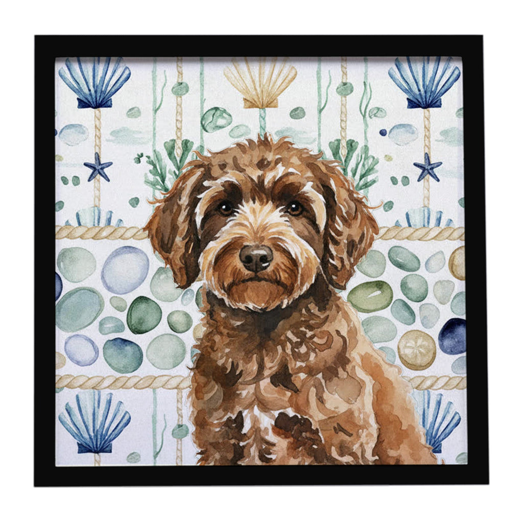 Spanish Water Dog Coastal Sea Glass Framed Metal Print Bathroom, Kitchen, Office, Home Decor Wall Art Ready to Hang, Square, 8X8