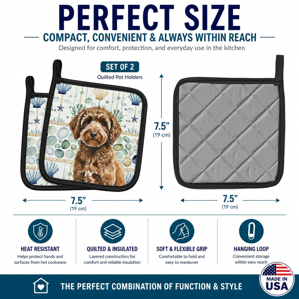 Spanish Water Dog Coastal Sea Glass Pot Holder Set of 2 Heat Resistant Quilted Hot Pads 7.5 x 7.5 Inch, Insulated Kitchen Trivets for Cooking & Baking