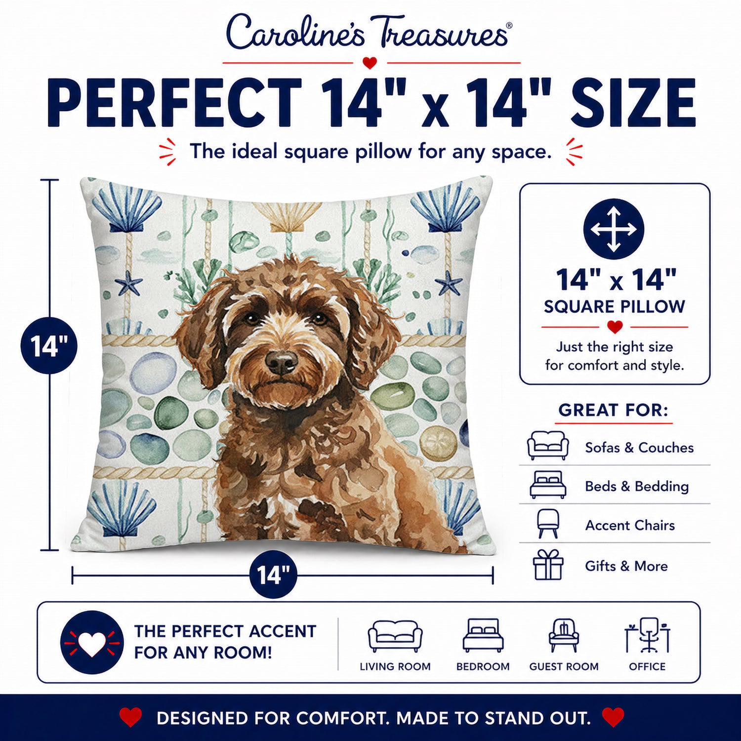 Spanish Water Dog Coastal Sea Glass Decorative Throw Pillow 14x14 Indoor Outdoor Accent Cushion, Fabric Cover with Insert for Sofa, Bed, Porch & Living Room
