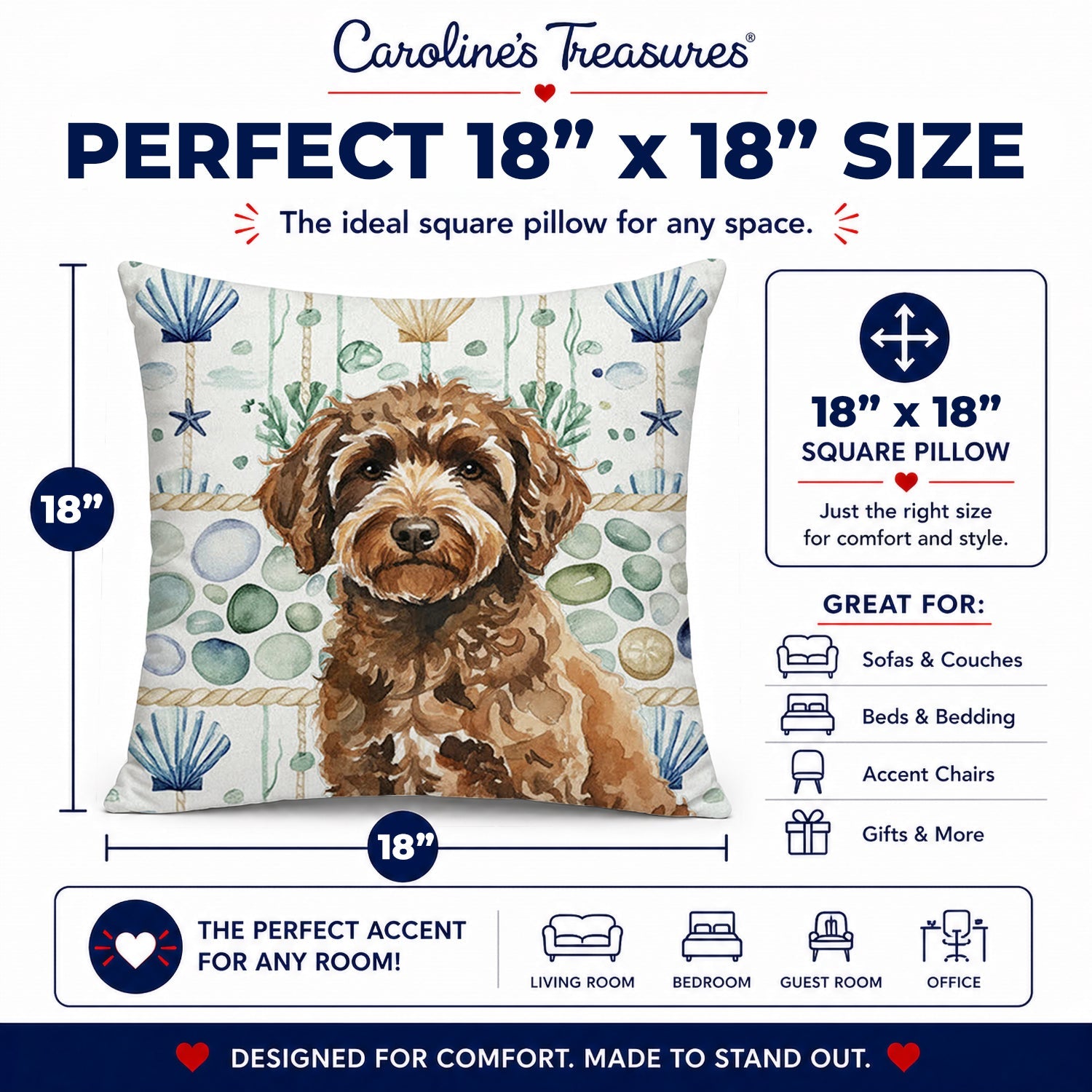 Spanish Water Dog Coastal Sea Glass Decorative Throw Pillow 18x18 Indoor Outdoor Accent Cushion, Fabric Cover with Insert for Sofa, Bed, Porch & Living Room