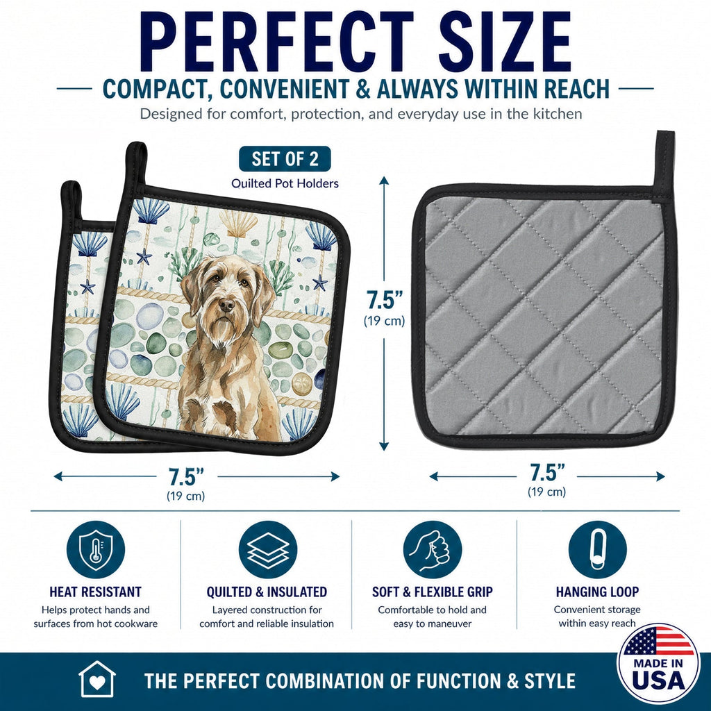 Spinone Italiano Coastal Sea Glass Pot Holder Set of 2 Heat Resistant Quilted Hot Pads 7.5 x 7.5 Inch, Insulated Kitchen Trivets for Cooking & Baking