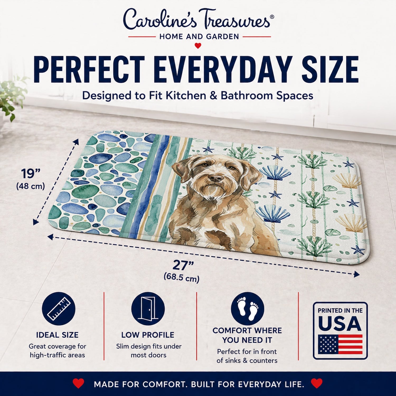 Spinone Italiano Coastal Sea Glass Memory Foam Kitchen Mat Machine Washable Anti-Fatigue Cushion Comfort Bath or Kitchen Rug