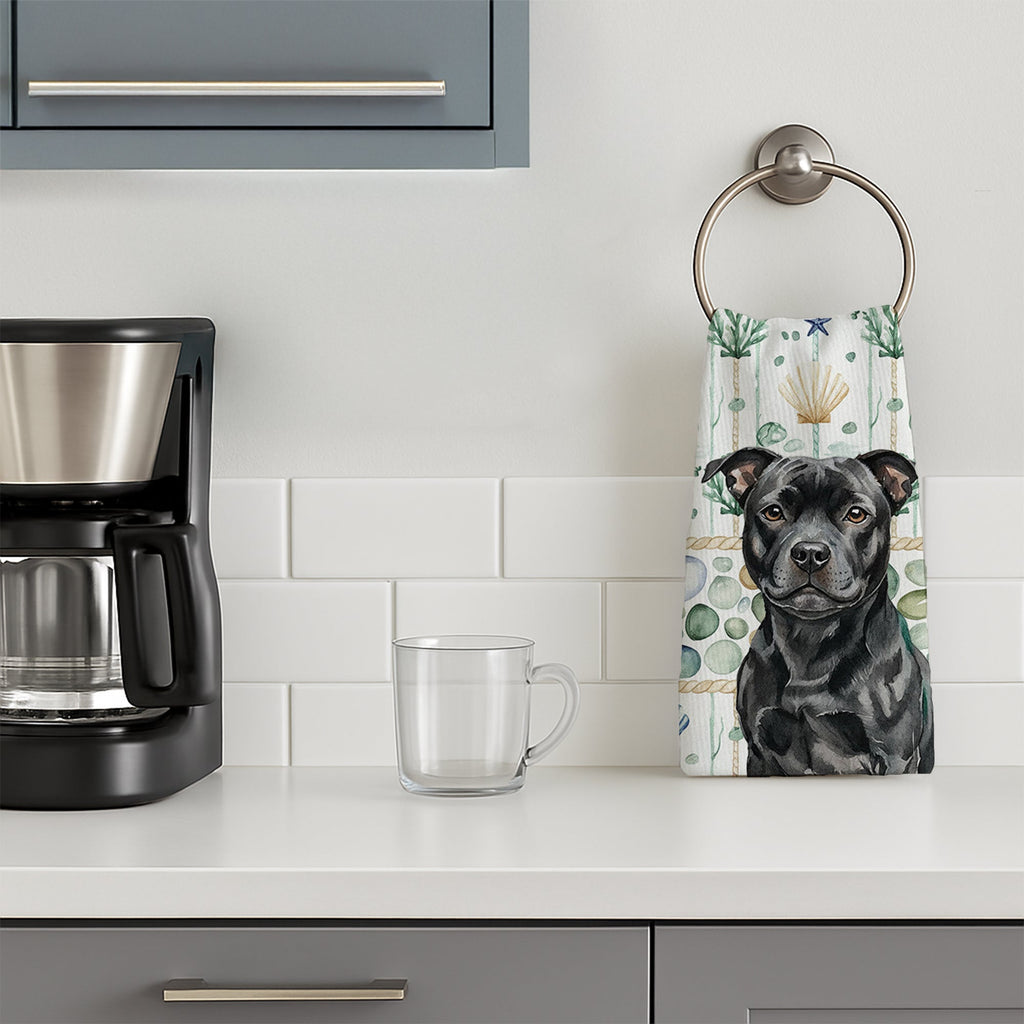 Black Staffordshire Bull Terrier Coastal Sea Glass Kitchen Towel Velour Plush Front and Cotton Loop Back Machine Washable