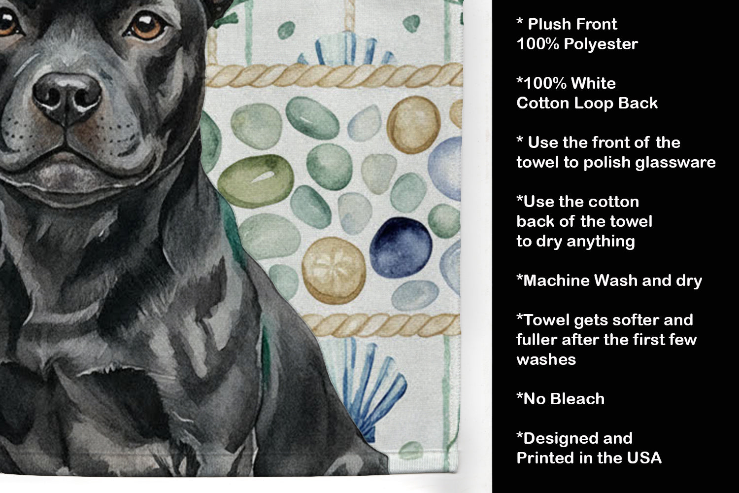 Black Staffordshire Bull Terrier Coastal Sea Glass Kitchen Towel Velour Plush Front and Cotton Loop Back Machine Washable