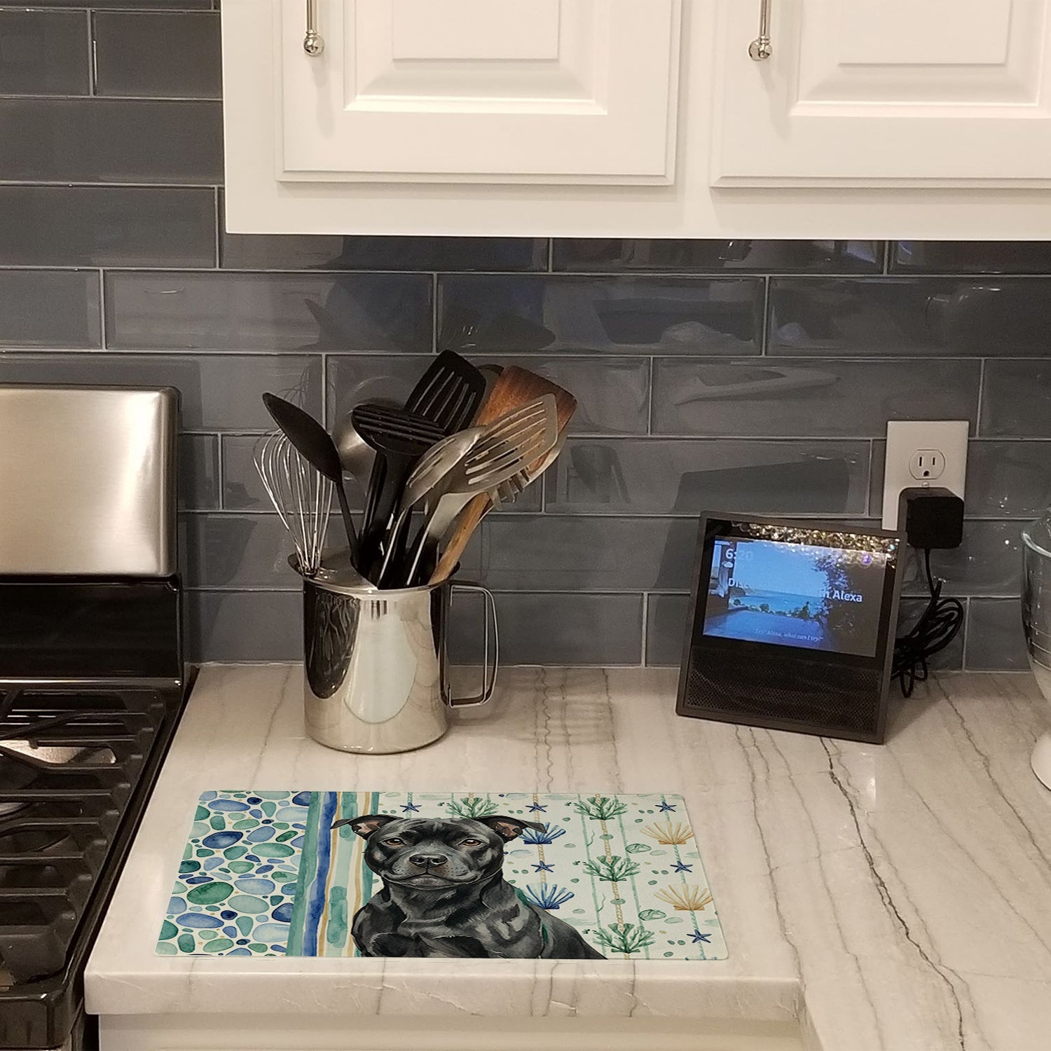 Black Staffordshire Bull Terrier Coastal Sea Glass Cutting Board Tempered Glass Kitchen Cutting Surface, Heat Resistant Chopping, Non-Slip Feet, Food Prep & Serving