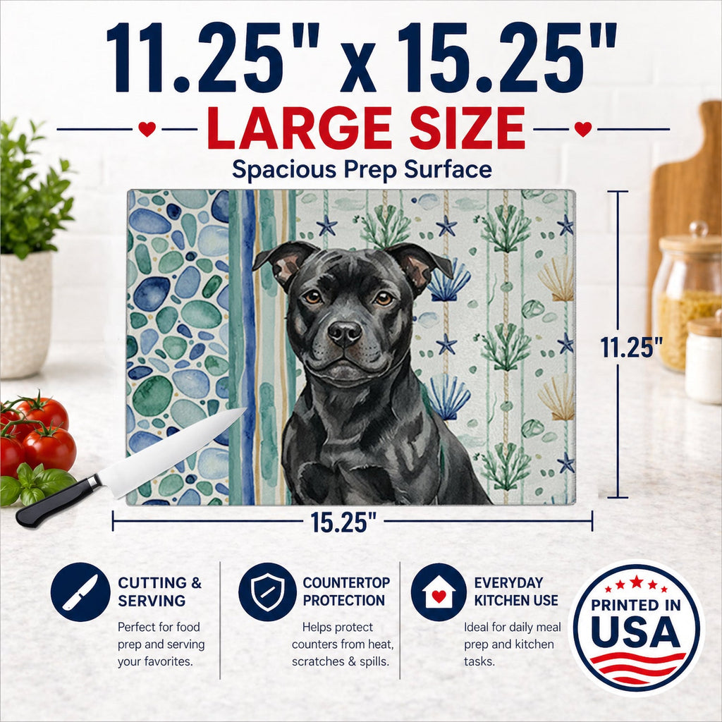 Black Staffordshire Bull Terrier Coastal Sea Glass Cutting Board Tempered Glass Kitchen Cutting Surface, Heat Resistant Chopping, Non-Slip Feet, Food Prep & Serving