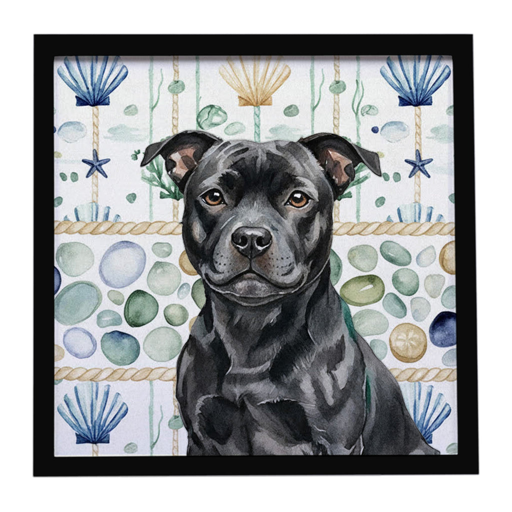 Black Staffordshire Bull Terrier Coastal Sea Glass Framed Metal Print Bathroom, Kitchen, Office, Home Decor Wall Art Ready to Hang, Square, 8X8