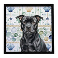 Black Staffordshire Bull Terrier Coastal Sea Glass Framed Metal Print Bathroom, Kitchen, Office, Home Decor Wall Art Ready to Hang, Square, 8X8