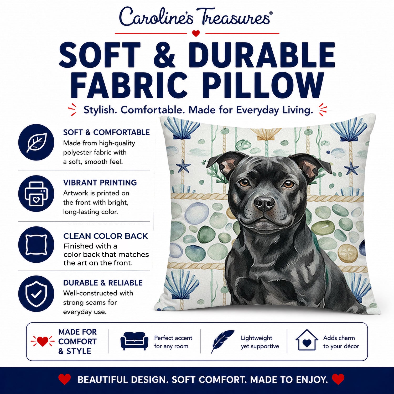 Black Staffordshire Bull Terrier Coastal Sea Glass Decorative Throw Pillow 14x14 Indoor Outdoor Accent Cushion, Fabric Cover with Insert for Sofa, Bed, Porch & Living Room