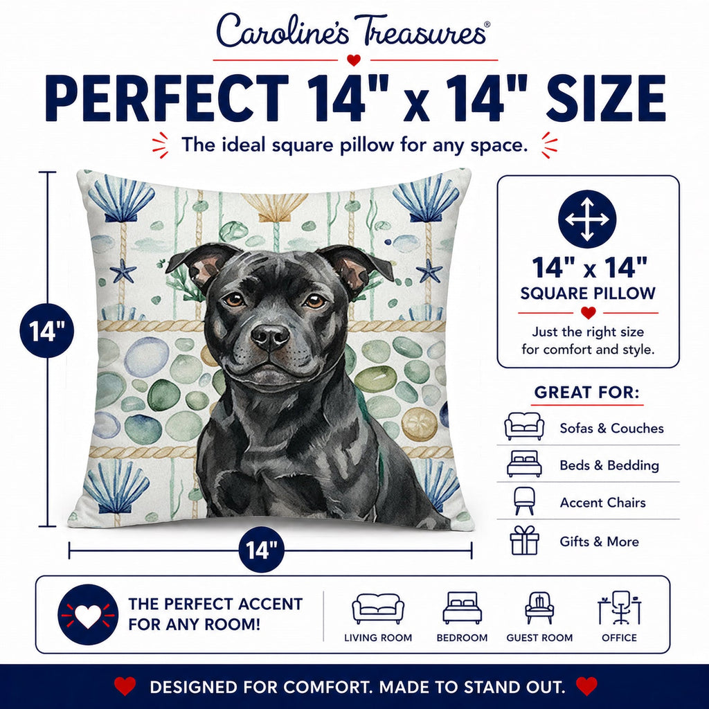 Black Staffordshire Bull Terrier Coastal Sea Glass Decorative Throw Pillow 14x14 Indoor Outdoor Accent Cushion, Fabric Cover with Insert for Sofa, Bed, Porch & Living Room